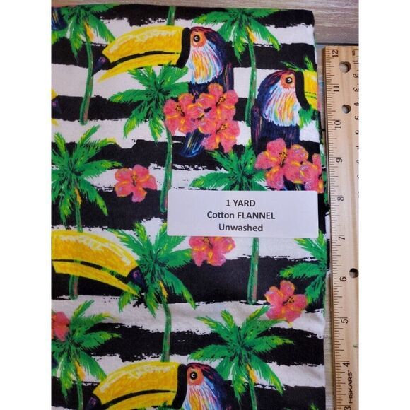 Quilting Fabric 1 Yard Flannel Toucan Hibiscus Palm Trees Hawaiian Stripes - Picture 2 of 6